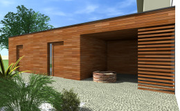 11_v atriu – dvorku jsou použity přírodní materiály- kamenná dlažba, dřevěný obklad, bílý kačírek- štěrk v kombinaci se solitérní zelení